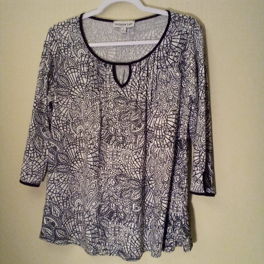 Southern Lady Blouse Women S 3/4 Sleeve Soft Stretch Pattern Black White